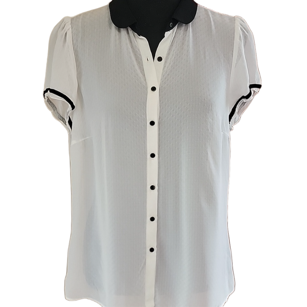 Zara Cream & Black Chiffon Peter Pan Collar Buttondown Blouse Size XL EUC